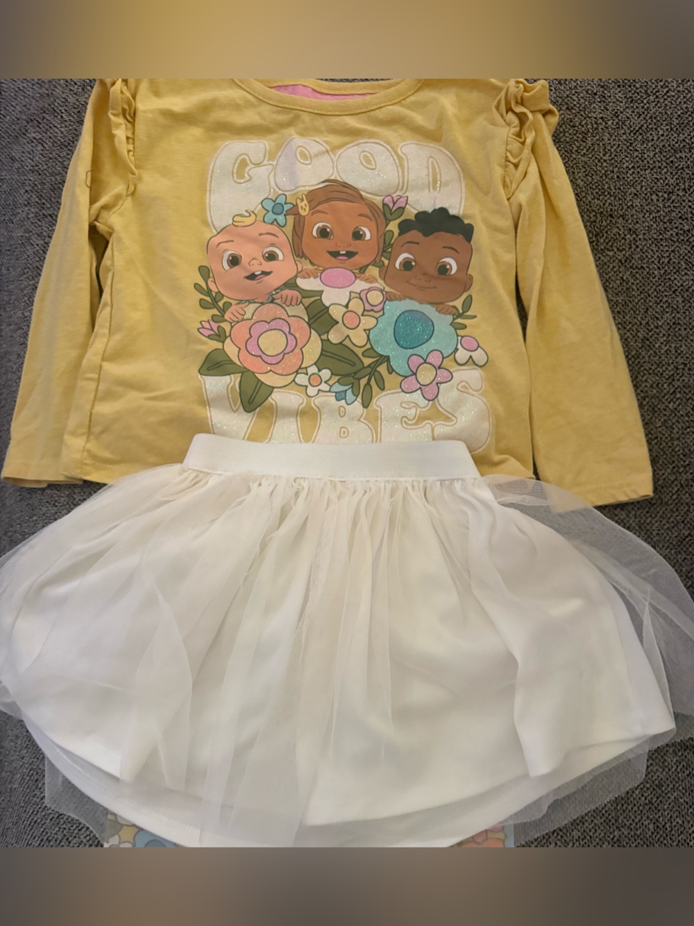 Kids CoComelon Yellow Top and White Tulle Skirt Matching Set